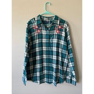 Large Floral Embroidered Northcrest Harbor Blue Plaid Flannel Button-up